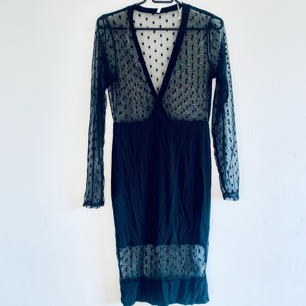 Brand New - Black, midi, stretch, mesh, long sleeve, cocktail dress